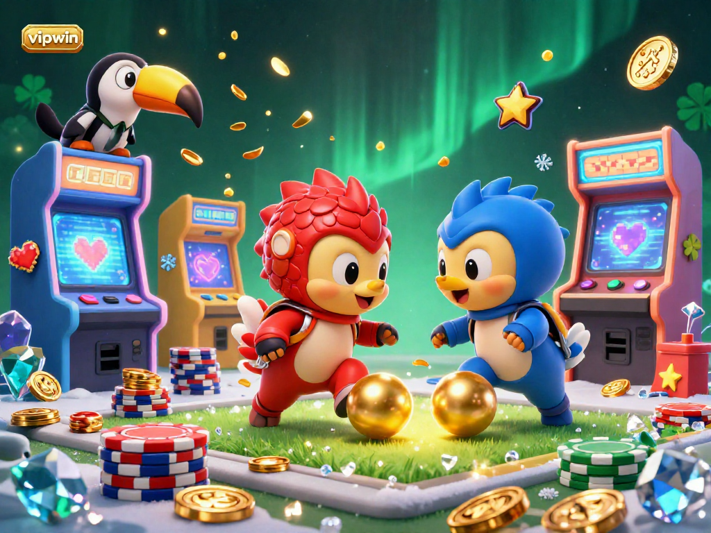 Engaging scene with vipwin pangolins competing in a vibrant casino-themed arcade.
