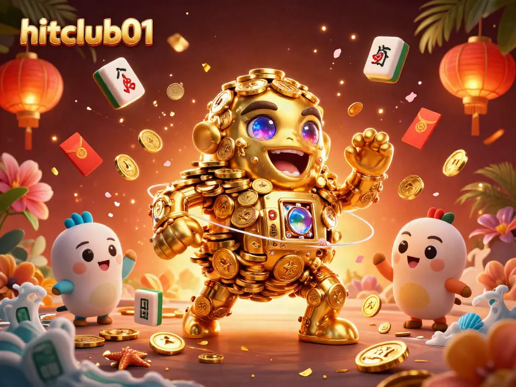 Engage with hitclub01's vibrant 3D casino illustration showcasing a golden golem and dynamic gambling elements.