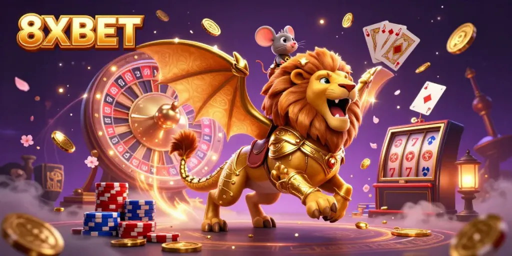Engage in thrilling gaming adventures with 8XBET as a chimera hero roars triumphantly amidst a whirlwind of golden winnings.