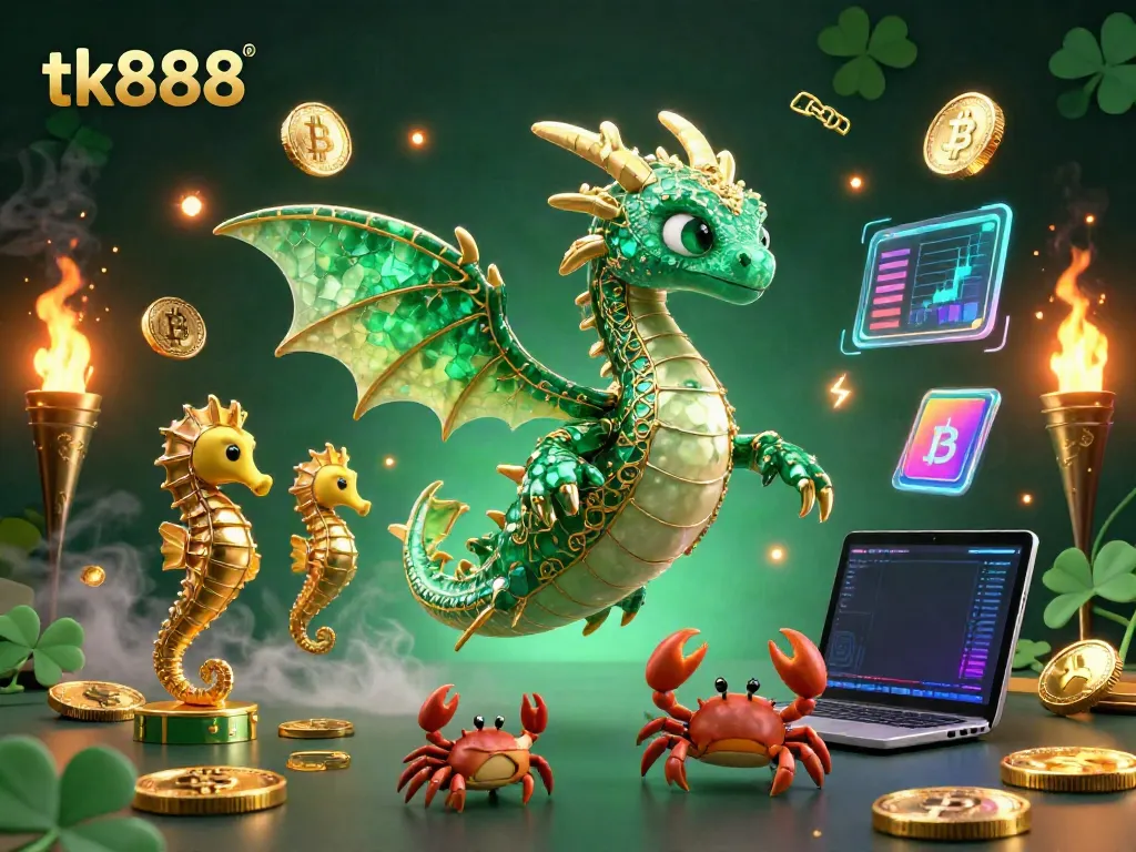 Engage in thrilling gameplay at tk888, showcased by a majestic sea dragon surrounded by vibrant crypto elements and treasure.