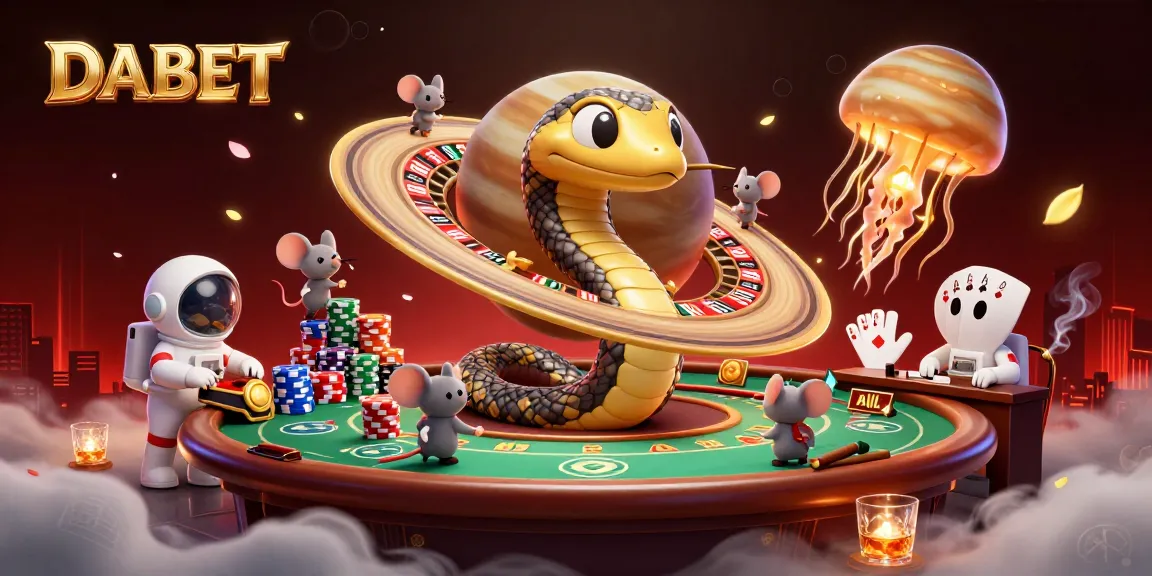 DABET offers an engaging cosmic casino experience with a 3D illustration of betting astronauts and a golden jellyfish dealer.