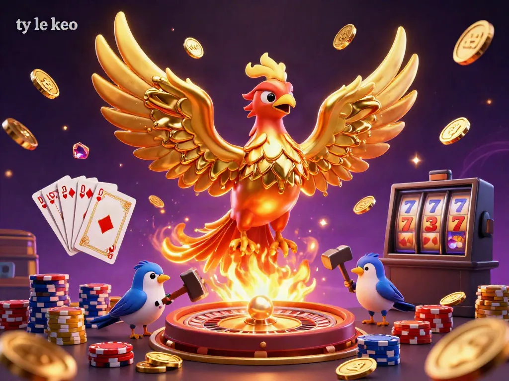 Visualize ty le keo with a molten phoenix and sparkling gems in a dynamic casino scene.