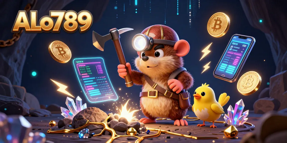 Engage with the ALO789 crypto casino experience featuring vibrant 3D characters amidst glowing treasures.