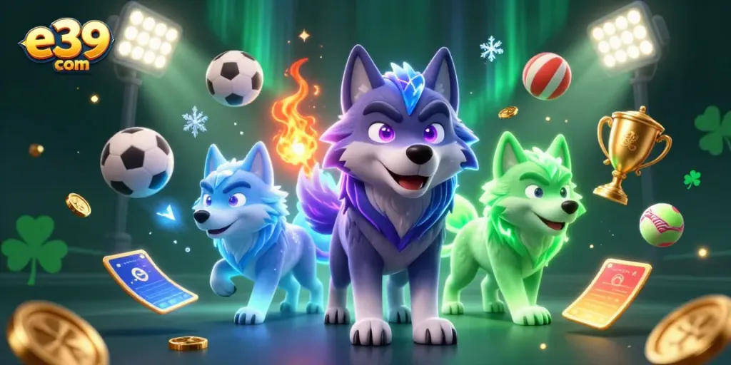 Engage with the thrilling world of e39 com featuring a spectral wolf leader amidst dynamic sports betting elements.