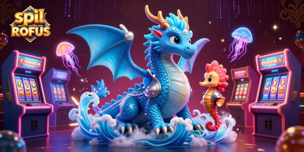 Engage with the excitement of spil casino uden om ROFUS in this vivid 3D illustration featuring a water dragon and colorful gaming elements.