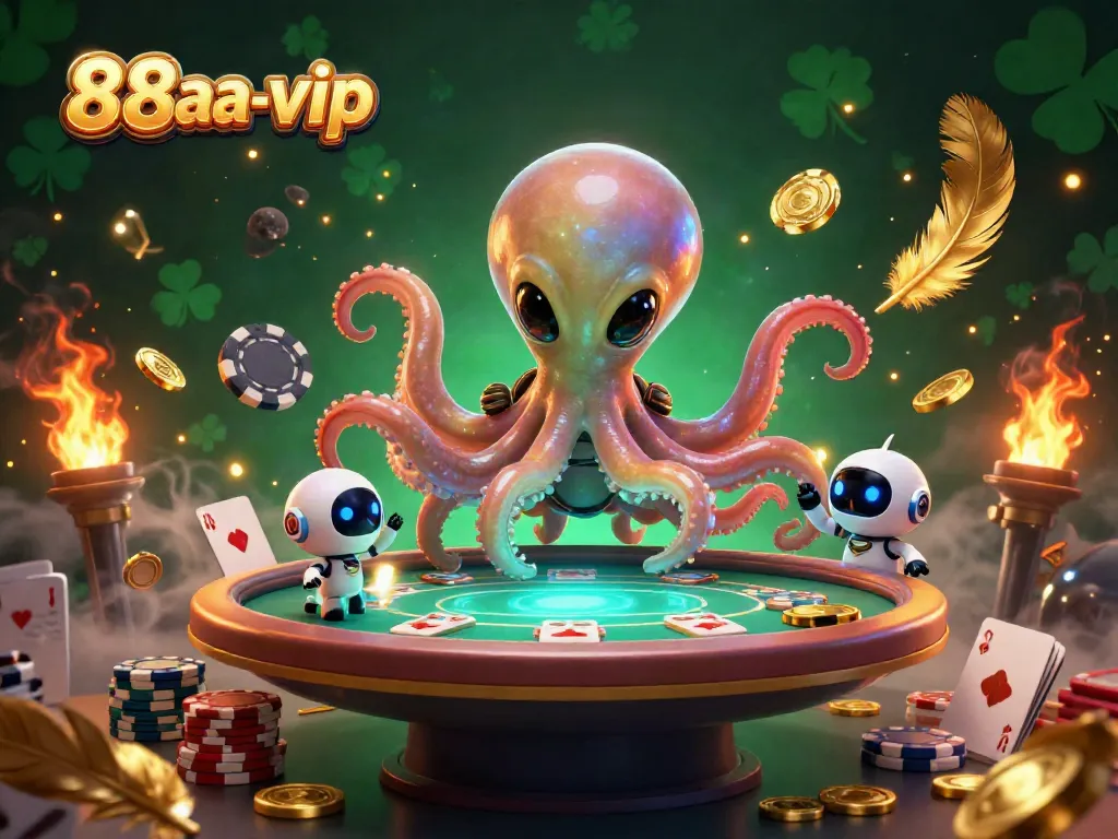 Engage with 88aa-vip as the alien octopus deals poker chips in a vibrant casino scene.