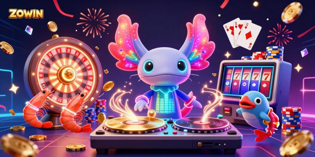 ZOWIN captures an energetic casino celebration with a vibrant DJ scene featuring neon colors and animated characters.