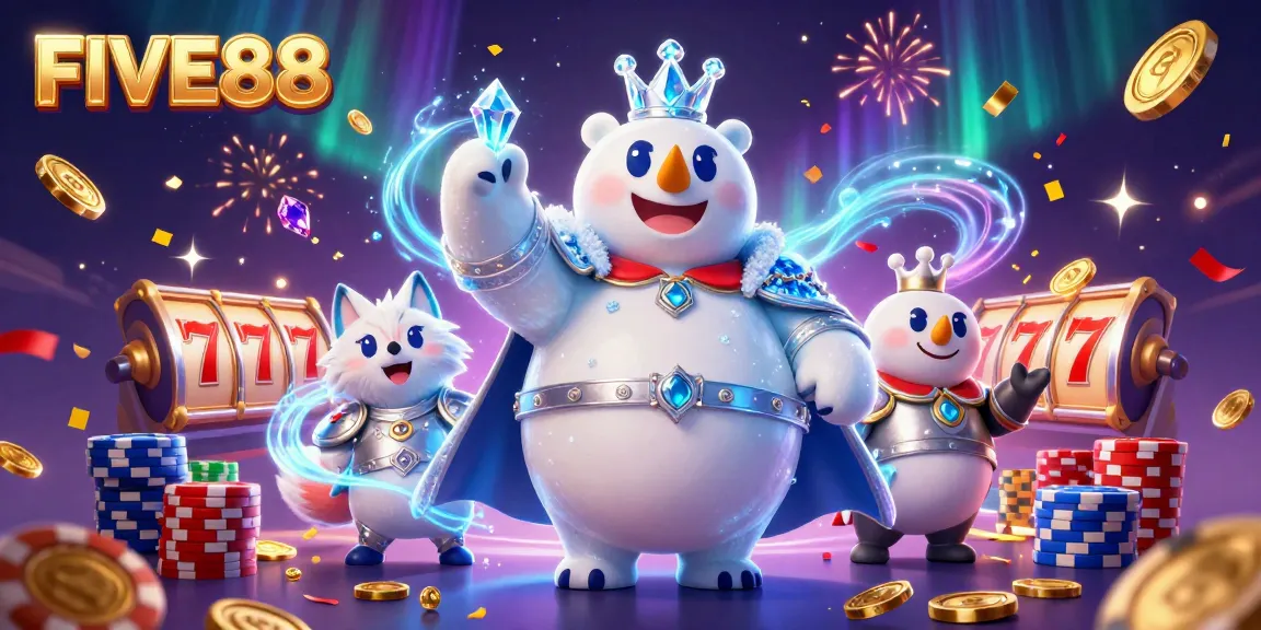 Experience the thrill of gaming at FIVE88 with a vibrant scene depicting a cartoon polar bear and a snow fox amidst cascading coins and slot reels.