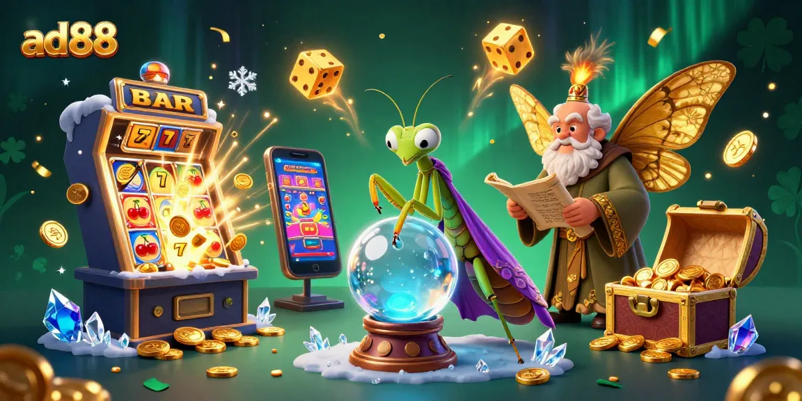 ad88 offers an engaging gaming experience with vibrant slot machines and mystical characters.