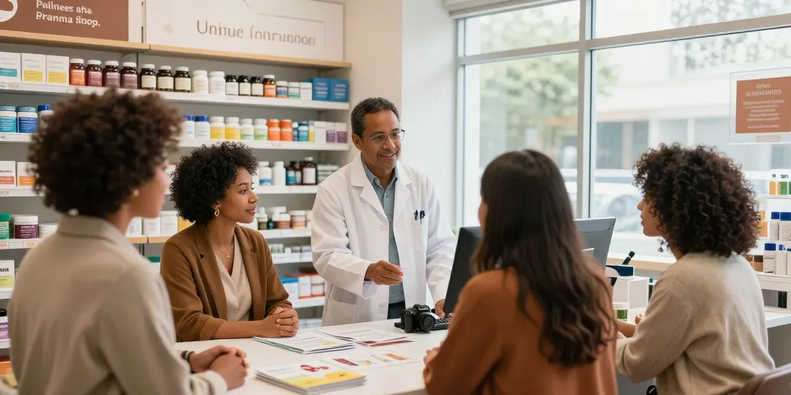 Unieke Pharma Shop met apotheker die klanten adviseert in een warme apotheek.