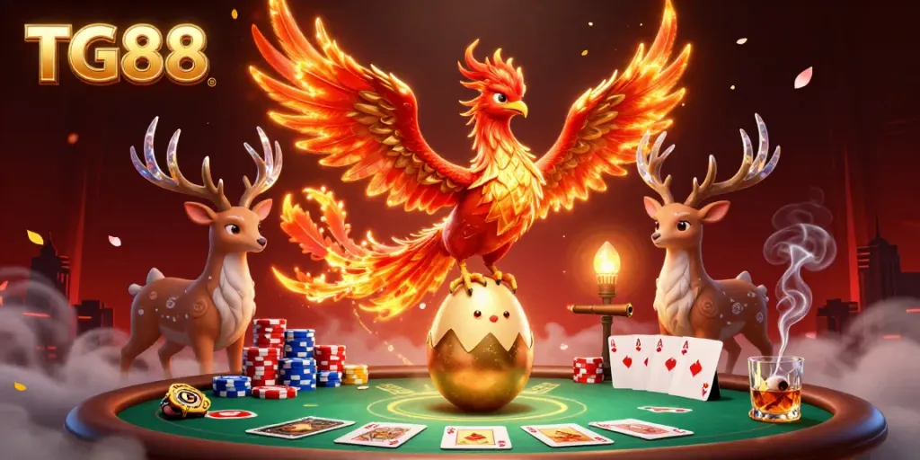 Experience the excitement of TG88 with stunning visuals of a soaring phoenix and dynamic poker elements.
