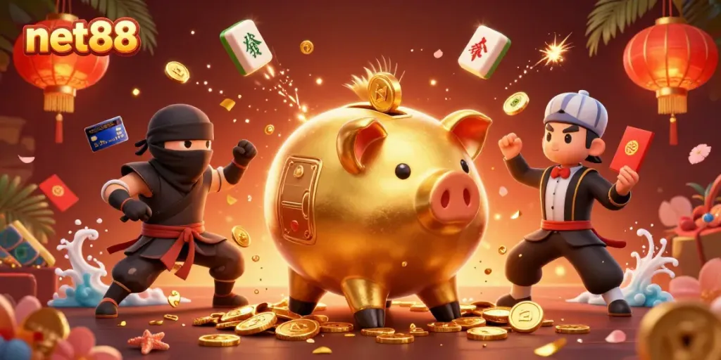 Experience the vibrant world of net88 with a dynamic casino scene featuring action-packed characters and elements.