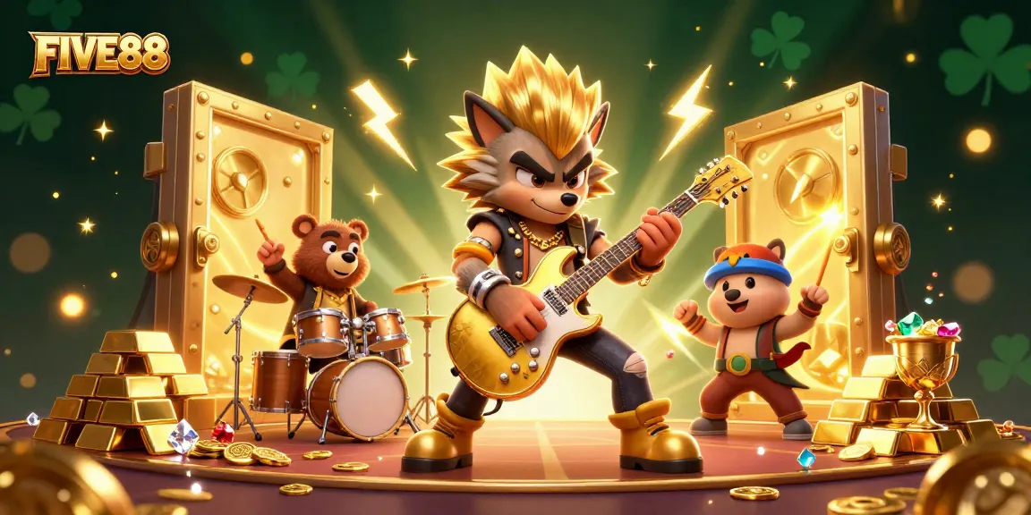 FIVE88 showcases a vibrant casino scene with animated characters and treasure elements.