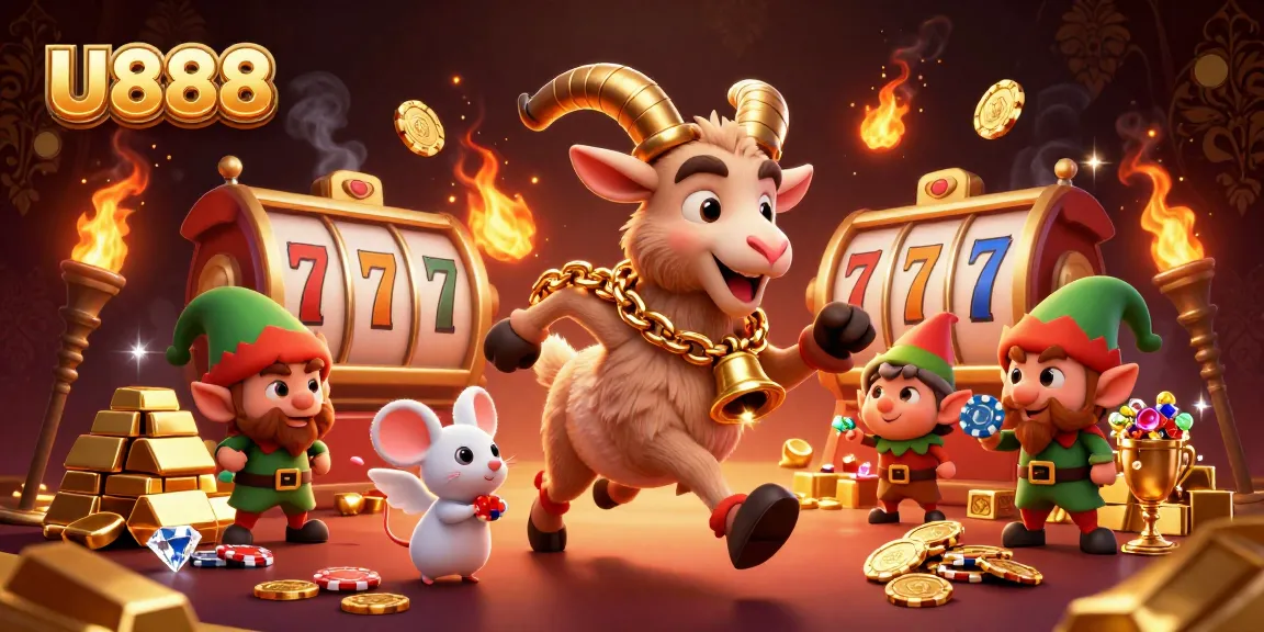 U888 showcases a festive casino scene with playful characters amidst dazzling rewards and games.