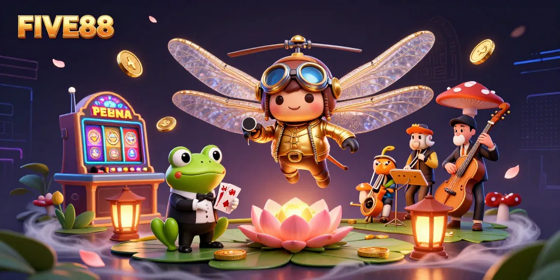 Experience vibrant gameplay with FIVE88 at an enchanting lily pad casino featuring a dragonfly pilot and frog dealer.