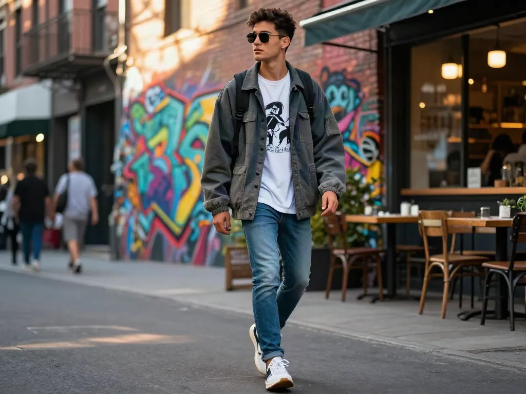Man in trendy herenkleding wandelt door een levendige stad met graffiti