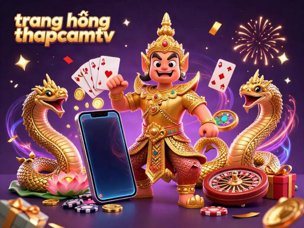 Experience the excitement of sports betting at trang bóng thapcamtv with a vibrant illustration of a Thai guardian and gaming elements.