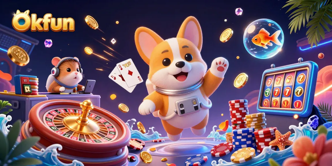 Engage with Okfun's exciting casino world through a vibrant 3D cosmic-themed illustration featuring playful characters.