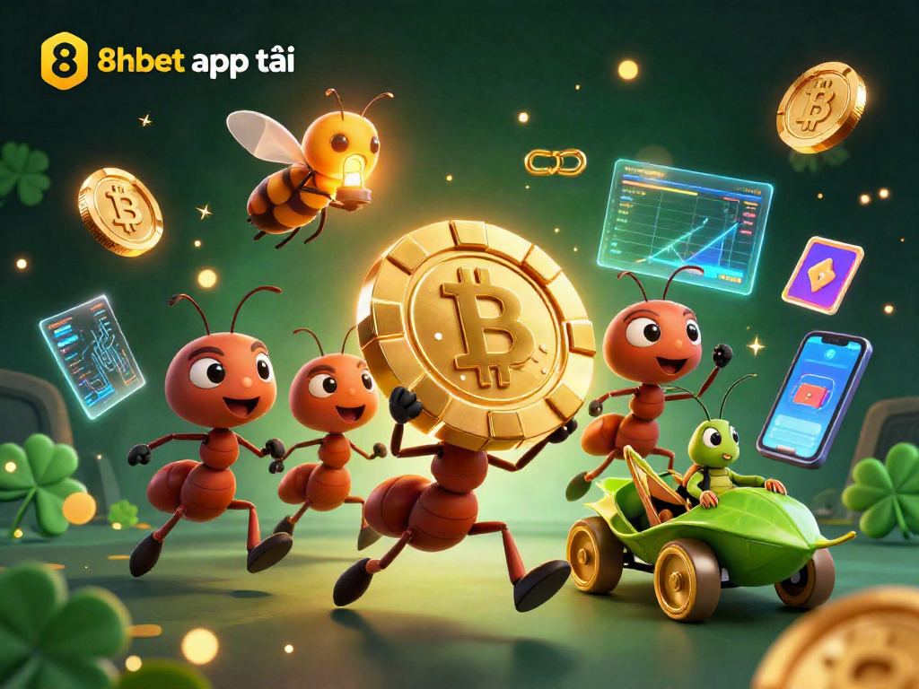 Experience the excitement of the 8xbet app tải with animated ants stealing a giant poker chip.