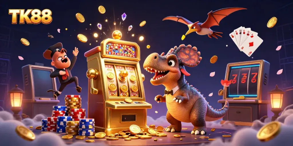TK88 slot machine triumph with cartoon dinosaurs celebrating jackpot wins in a vibrant casino scene