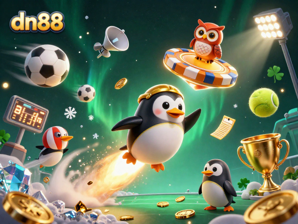 Experience thrilling gameplay with dn88's vibrant 3D illustration of a golden penguin venturing toward a casino space station.