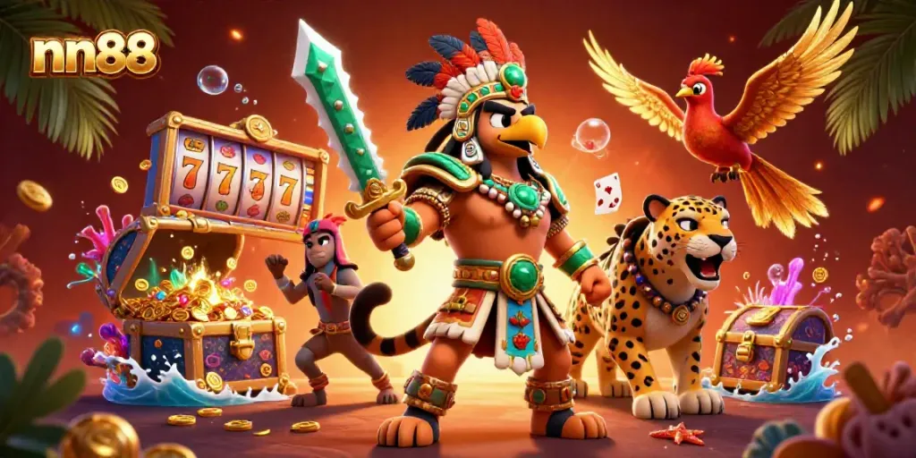 Engage with exciting casino games at nn88 with dynamic 3D illustration of Aztec-themed figures battling for treasure.