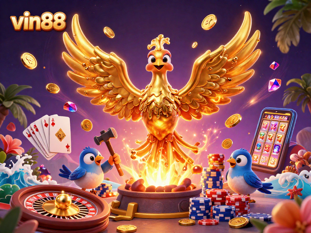 Experience thrilling gameplay at vin88 with a fiery golden phoenix and dynamic casino elements.
