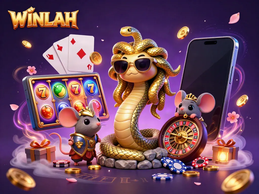 WINLAH enhances gameplay with vivid slot elements and charming characters in a lively casino scene.