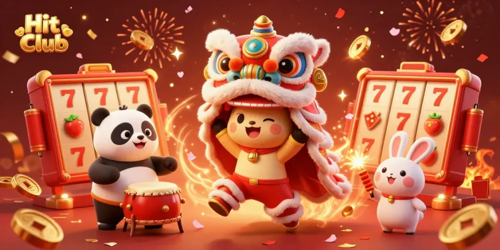 Engage in thrilling fun at Hit Club with custom slot reels, vibrant game elements, and festive celebrations.