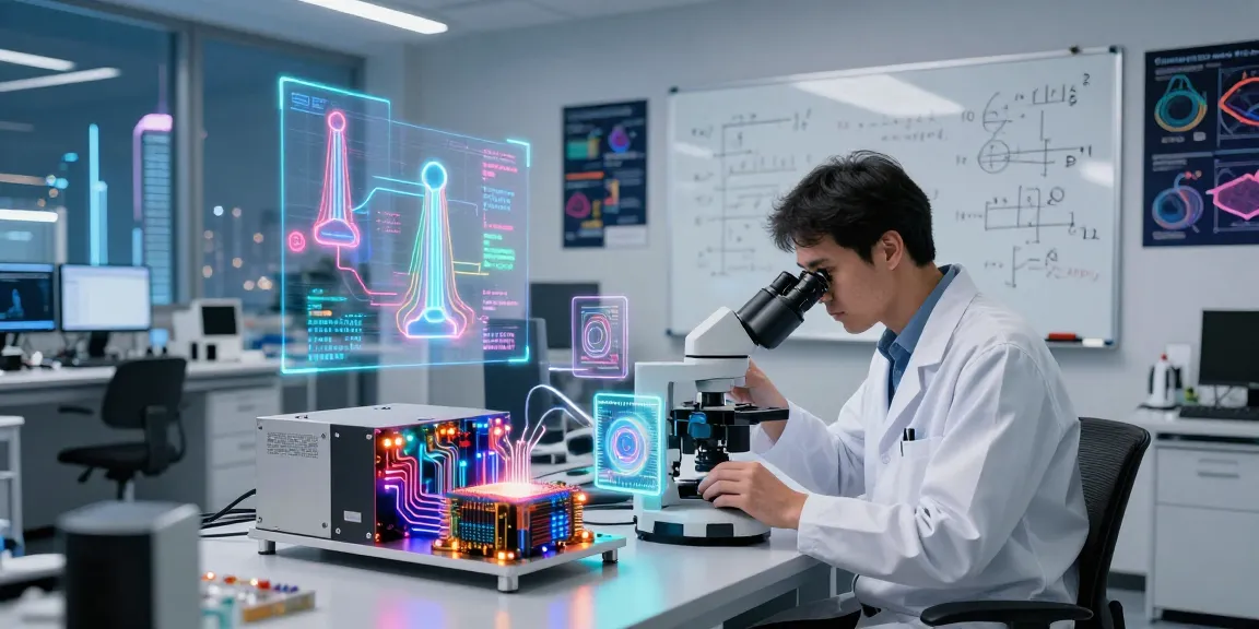 Scientist analyzing quantum chip in an innovative quantum computing research lab.