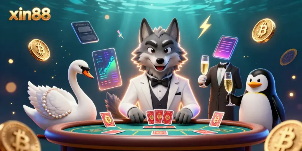 Enjoy thrilling excitement at xin88's baccarat table with dynamic characters and glowing crypto elements.