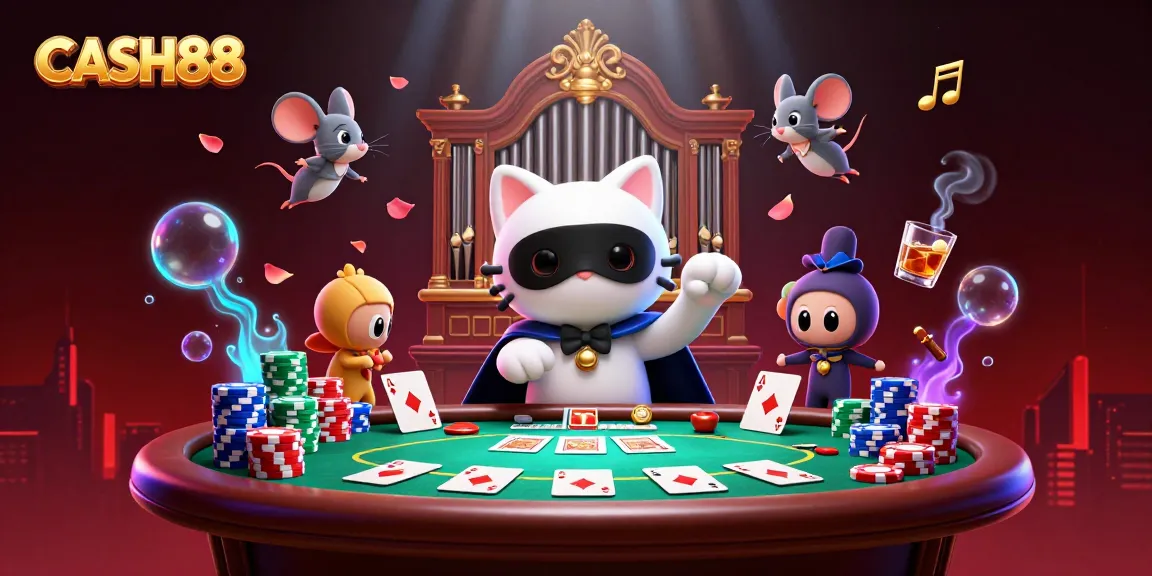 Experience excitement at CASH88 with this vibrant casino-themed illustration featuring a phantom cat and gameplay elements.