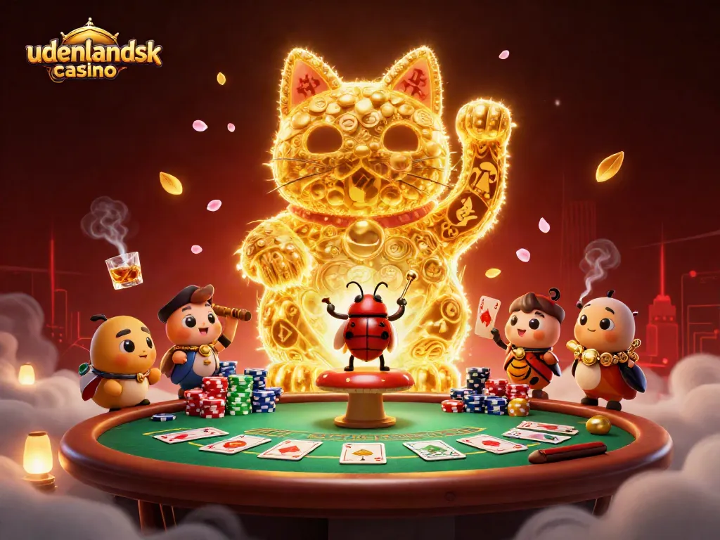 Experience the allure of udenlandsk casino with a vibrant 3D illustration featuring a lucky cat and poker elements.