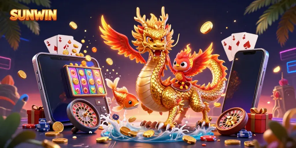 Experience thrilling adventures with SUNWIN in this vibrant 3D casino scene filled with action.