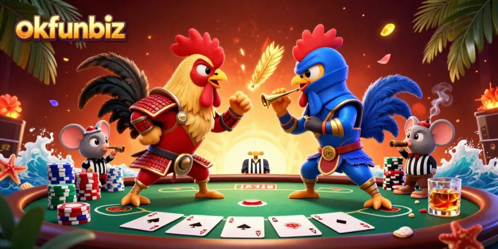 Engage with okfunbiz's vibrant casino scene featuring dynamic roosters and poker elements.