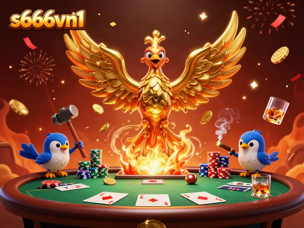 Experience high-stakes gaming with s666vn1 featuring molten gold phoenix among poker elements.