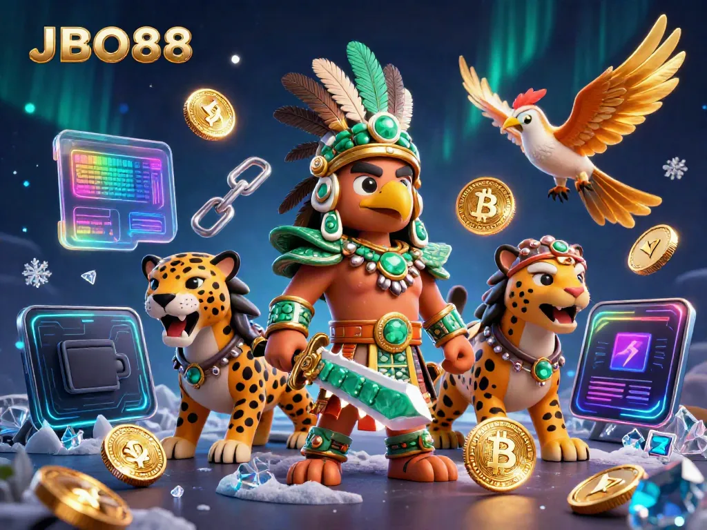 Bet on JBO88 with Aztec warriors and crypto coins in an immersive casino setting.