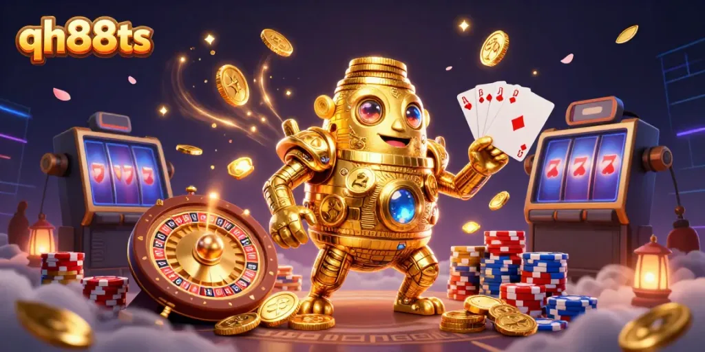 Play and win at qh88ts with a dynamic 3D scene featuring a golden golem and casino elements.