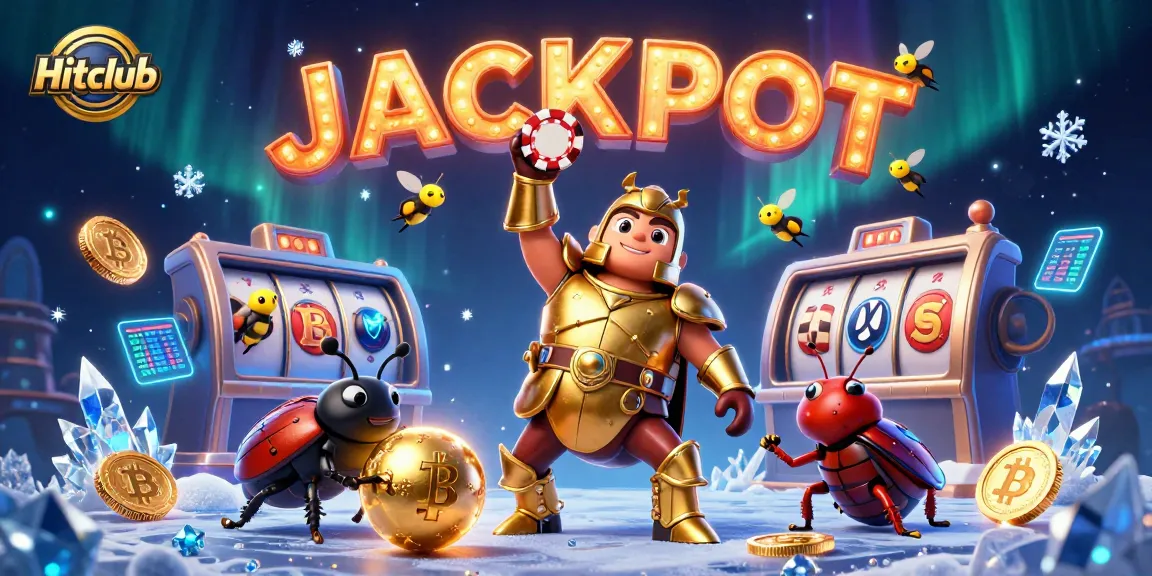 Hitclub players celebrate a jackpot win while surrounded by glowing cryptocurrencies and vibrant casino elements.