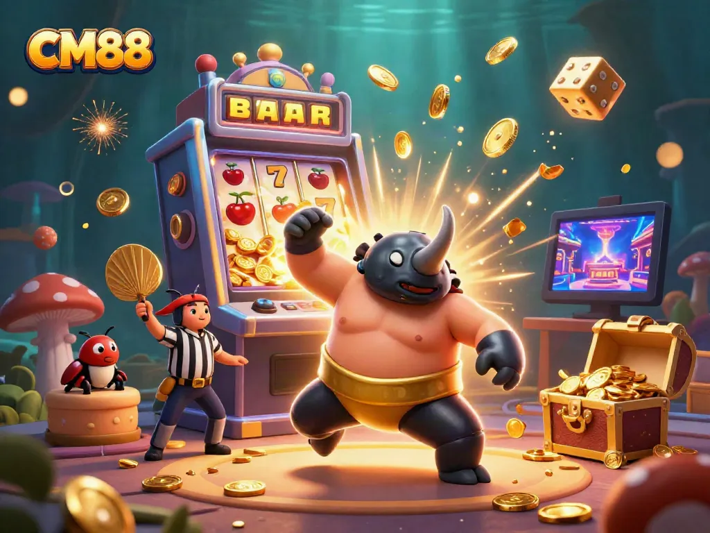 Experience thrilling casino action with CM88's vibrant 3D casino illustration featuring a sumo beetle champion.