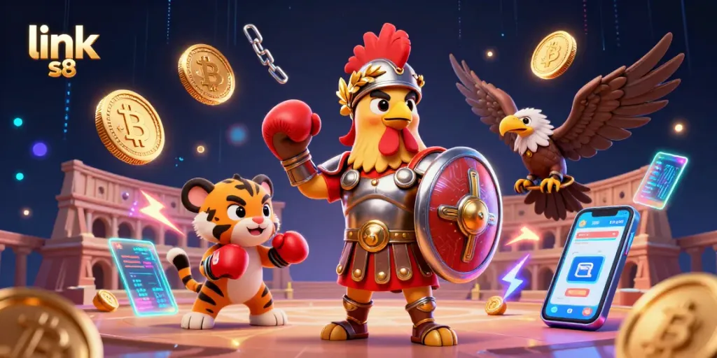 Engage in thrilling casino action with link s8, featuring a gladiator rooster and glowing cryptocurrencies.