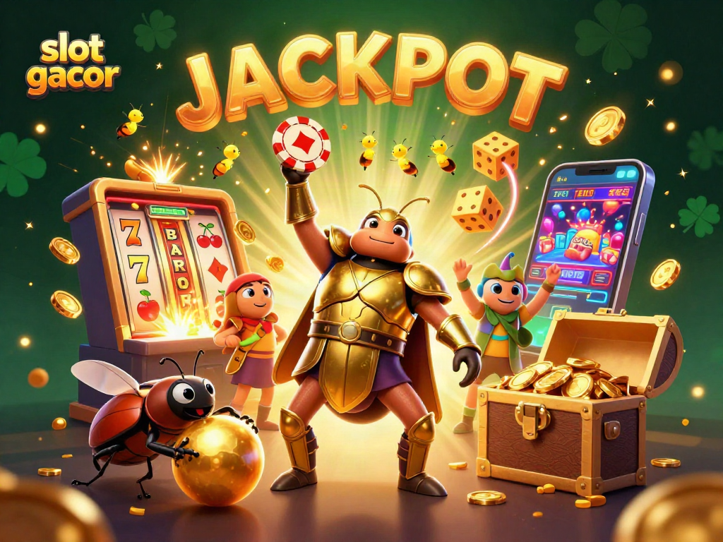 Engage with slot gacor gameplay featuring a heroic beetle lifting a poker chip in a vibrant casino scene.