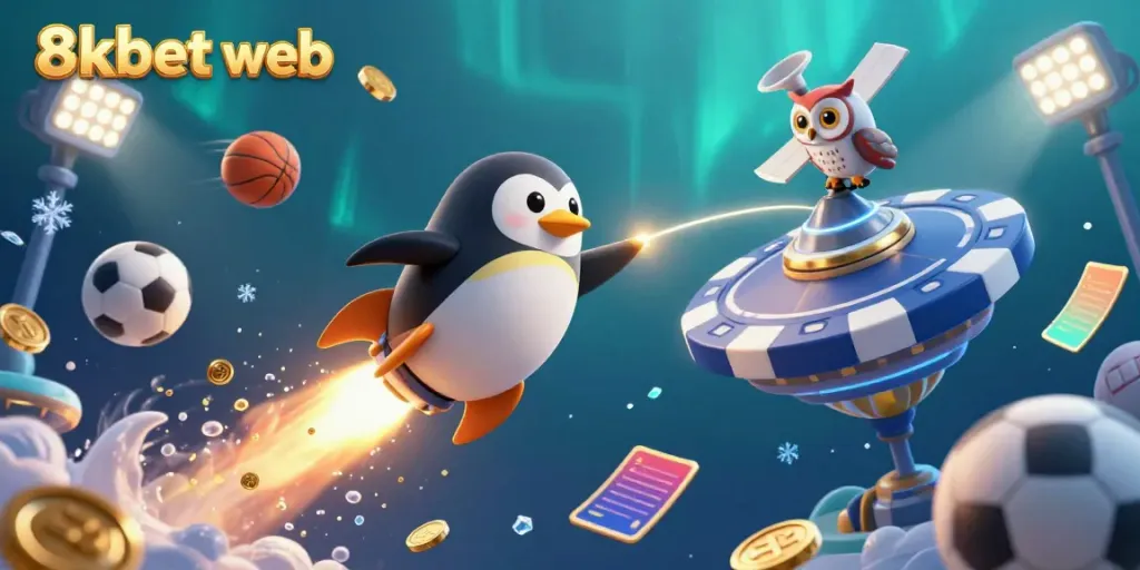 Join the excitement of the 8xbet web as a golden penguin blasts through space towards a casino chip station.