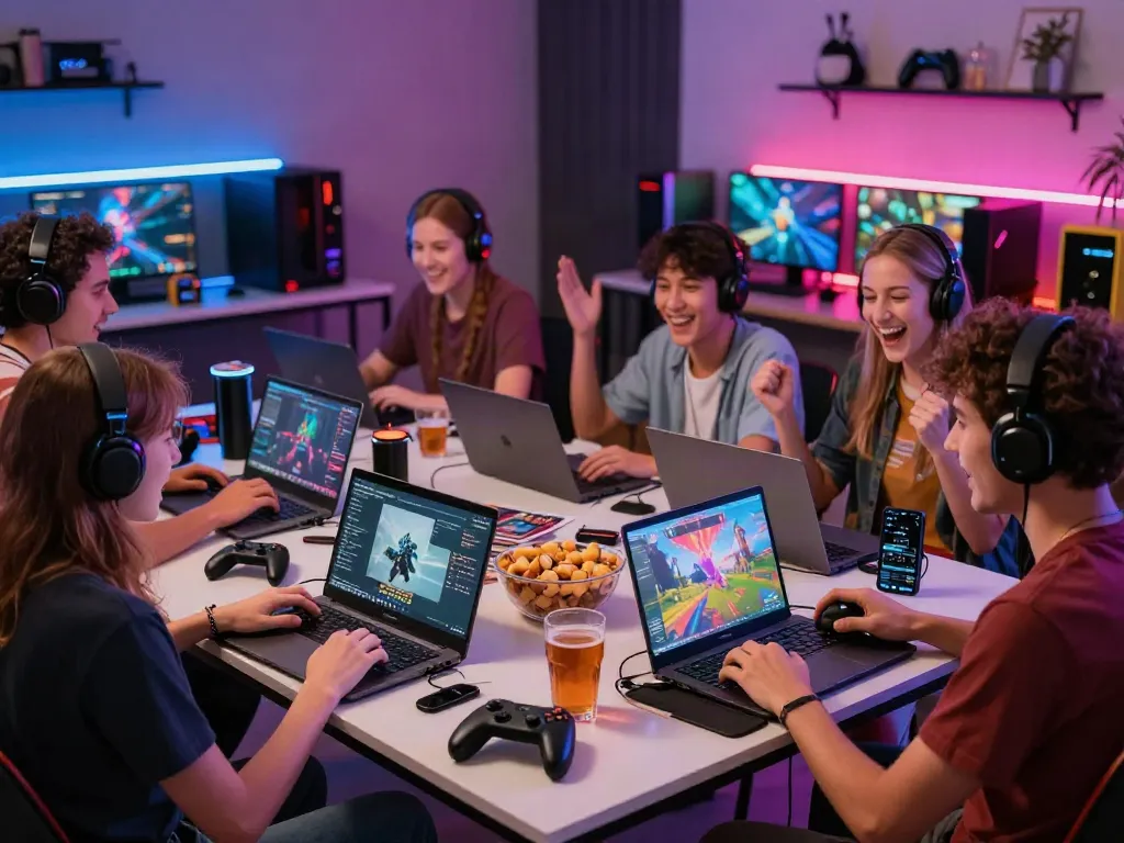 Friends enjoying an online gaming session at https://playsv88.net/ with laptops and vibrant decor.