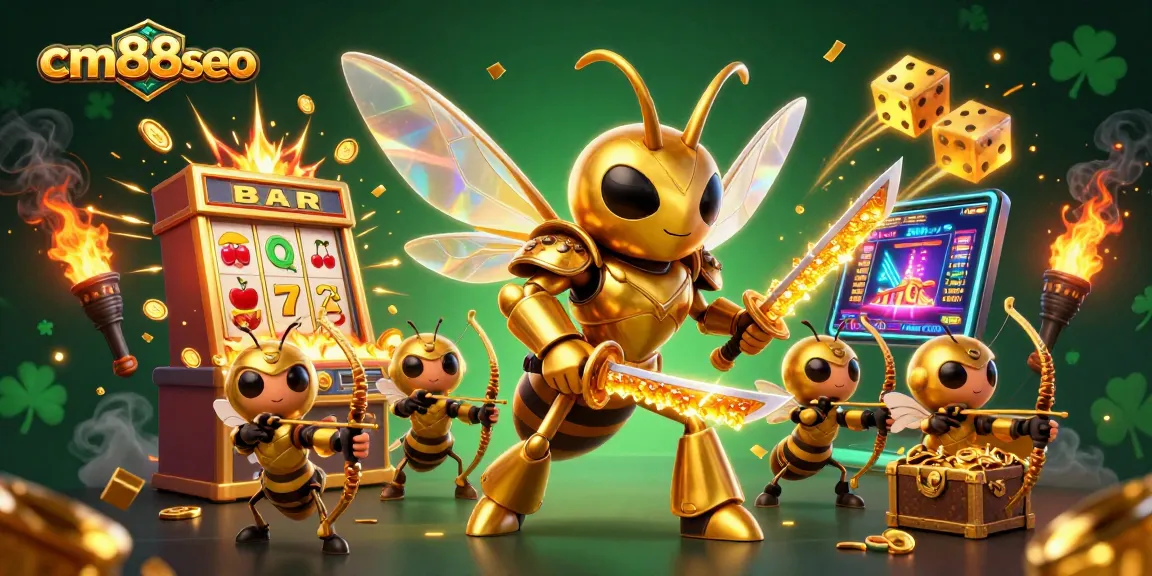 Experience thrilling action with cm88seo, where a golden hornet battles within a vibrant casino scene filled with jackpots.