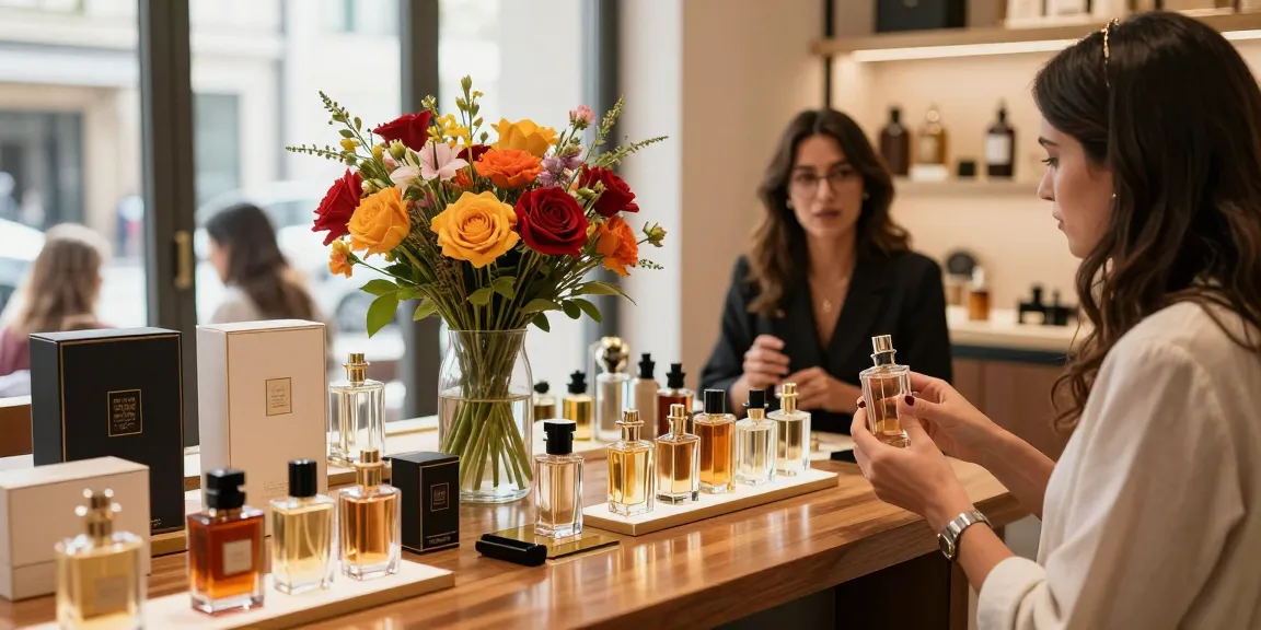 Persoon die parfum samples van luxe Arabische parfums aan het proeven is in een elegante boetiek.