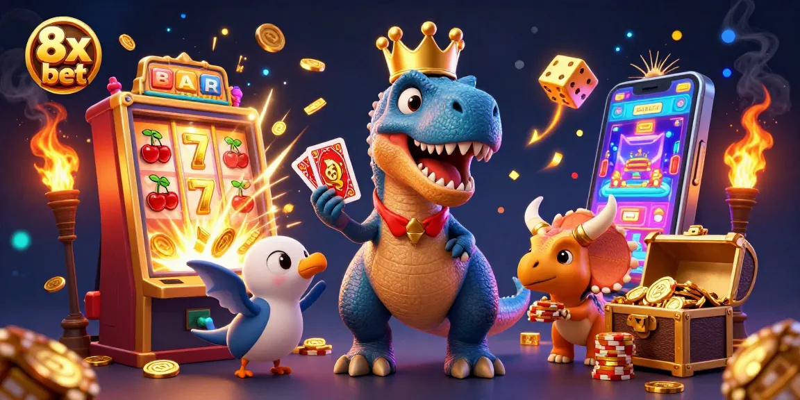 Experience the excitement of 8x bet with a fun 3D casino scene featuring dinosaur characters and golden treasures.