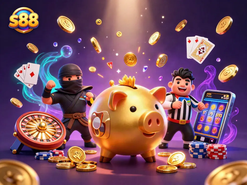 Engage with s88 gaming dynamics featuring a powerful piggy bank sumo wrestler in a vibrant casino scene.
