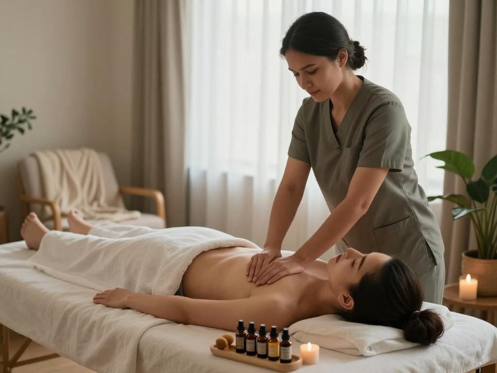 Engaging 영등포출장마사지 session at home, showcasing relaxing atmosphere with a professional therapist and soothing decor.