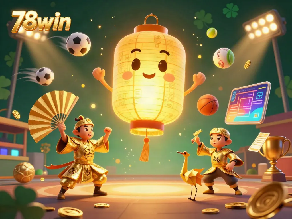Experience 78win with a vibrant 3D scene featuring golden lantern spirit and sports elements captivating players.